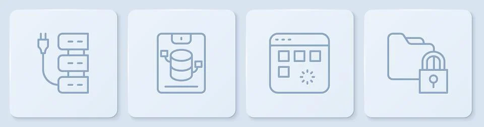 Set line Server, Loading data window, Data, Web Hosting and Folder and lock Illustrazione stock