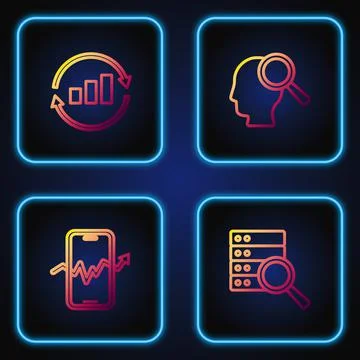 Set line Server, Mobile stock trading, Graph chart infographic and Search people Stock Illustration