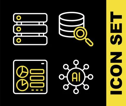 Set line Server, Neural network, Computer api interface and Data icon. Vector Stock Illustration