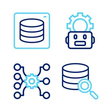 Set line Server, Neural network, Robot setting and Data icon. Vector Stock Illustration