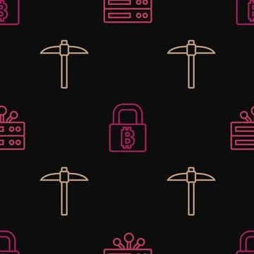 Set line Server, Pickaxe and Lock with bitcoin on seamless pattern. Vector イラスト素材