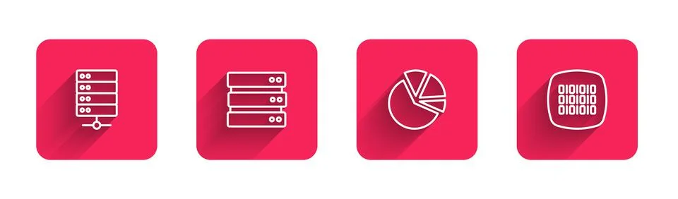 Set line Server, Pie chart infographic and Binary code with long shadow. Red Stock Illustration