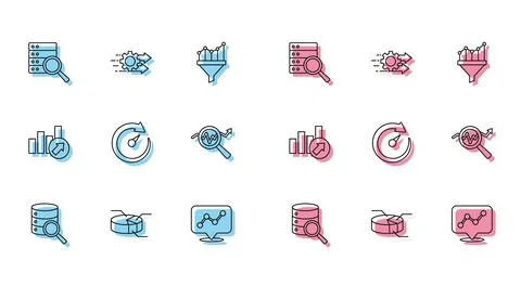Set line Server, Pie chart infographic, Graph, Digital speed meter, Search data Stock Illustration