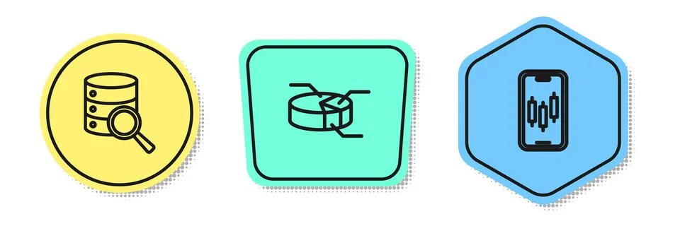 Set line Server, Pie chart infographic and Mobile stock trading. Colored shap Stock Illustration