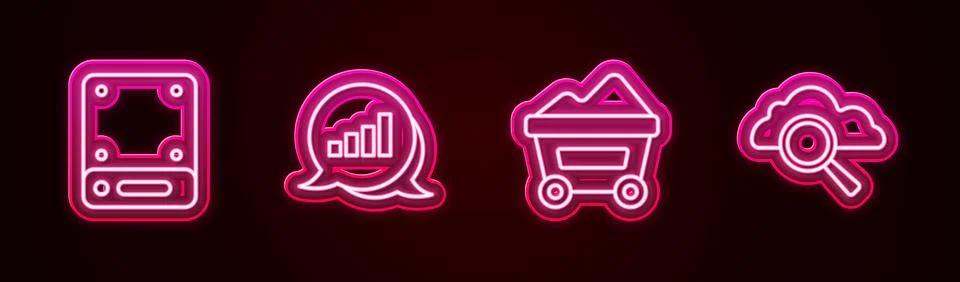 Set line Server, Pie chart infographic, Coal mine trolley and Search cloud Stock Illustration