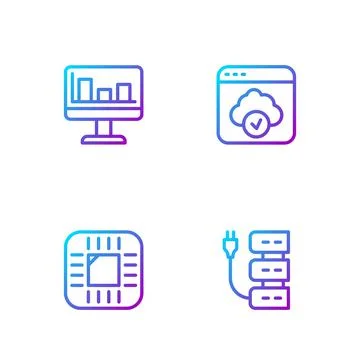 Set line Server, Processor with CPU, Monitor graph chart and Cloud technology Illustrazione stock