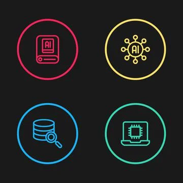 Set line Server, Processor CPU, Neural network and Artificial intelligence AI Illustrazione stock