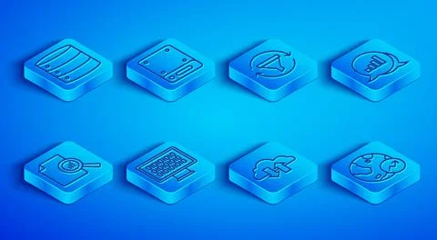 Set line Server, Sales funnel with chart, Binary code, Cloud download and upl Illustrazione stock