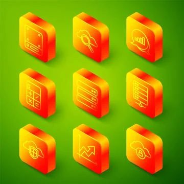 Set line Server, Search cloud computing, Pie chart infographic, Calculator Stock Illustration