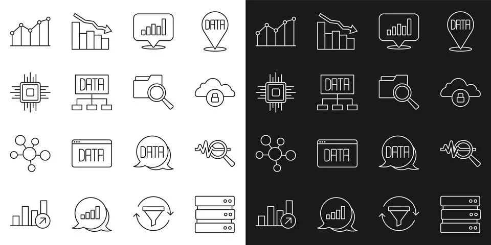 Set line Server Search data analysis Cloud computing lock Pie chart infograph Stockillustratie