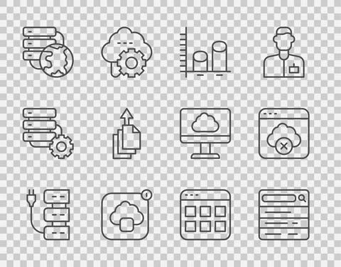 Set line Server, Search engine, Data analysis, Cloud technology data transfer Stock Illustration