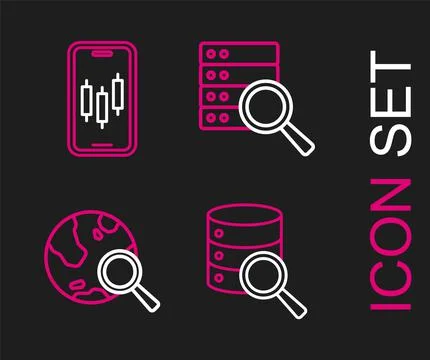 Set line Server, Search globe,  and Mobile stock trading icon. Vector Stock Illustration