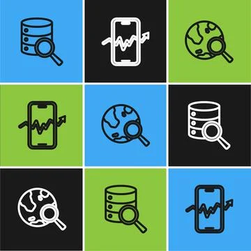 Set line Server, Search globe and Mobile stock trading icon. Vector Stock Illustration