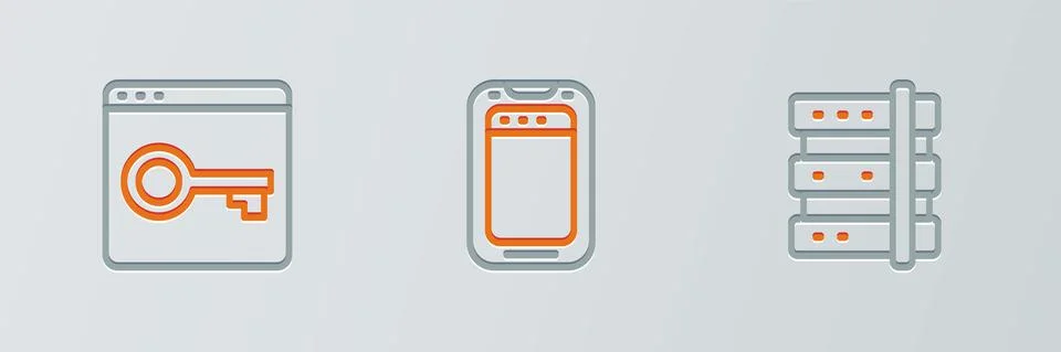 Set line Server, Secure your site with HTTPS, SSL and Mobile phone icon. Vector Illustration