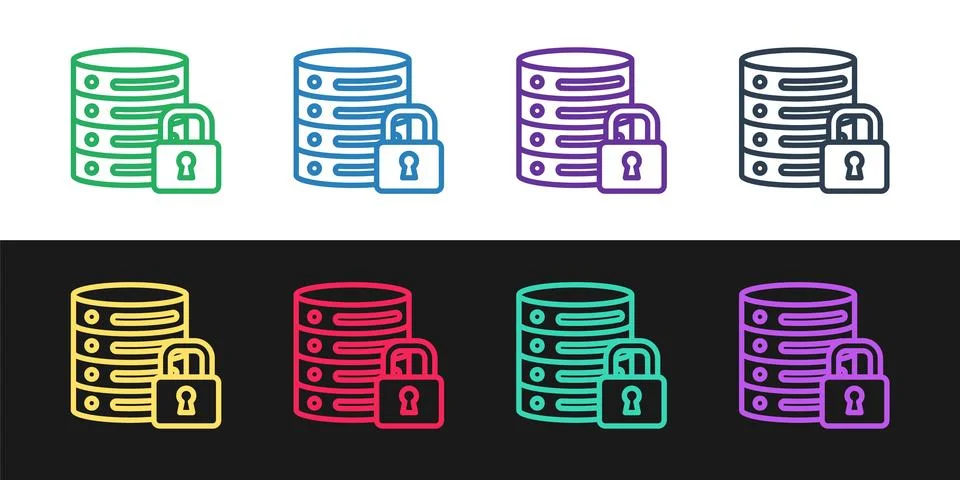 Set line Server security with closed padlock icon isolated on black and whi.. 스톡 일러스트