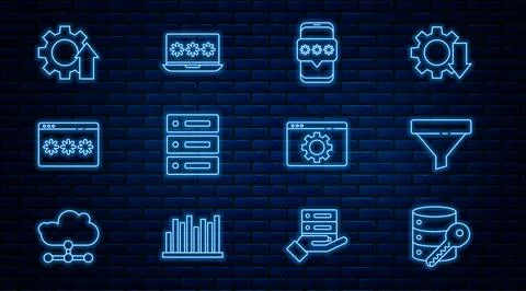 Set line Server security with key, Sales funnel, Mobile and password, Server Stock Illustration
