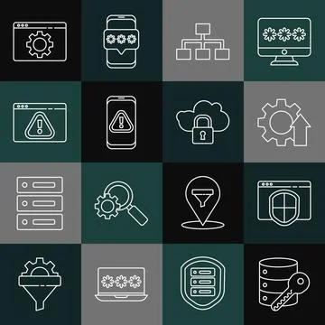Set line Server security with key, Browser shield, Arrow growth gear, Hierarc Stock Illustration