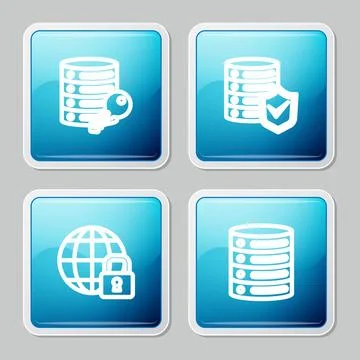 Set line Server security with key, shield, Global lockdown and Server, Data, Web 스톡 일러스트