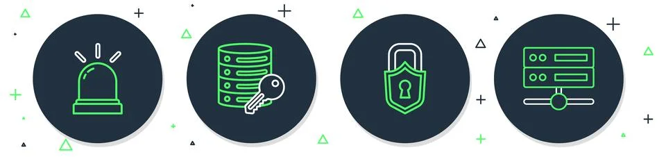 Set line Server security with key, Lock, Motion sensor and Server, Data, We.. Stock Illustration