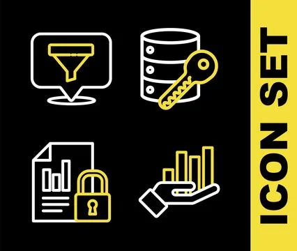 Set line Server security with key, Pie chart infographic, Document and lock.. Stock Illustration