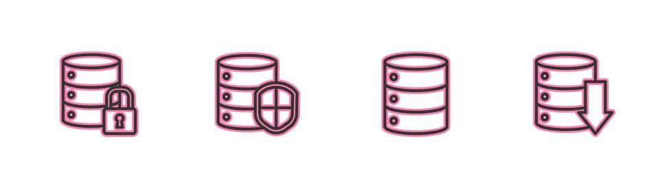Set line Server security with lock, Server, Data, Web Hosting, shield and icon Stock Illustration