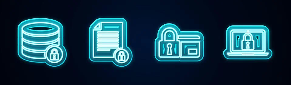 Set line Server security with lock, Document and, Credit card and Laptop Illustrazione stock