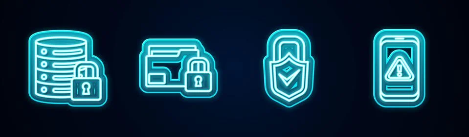 Set line Server security with lock, Folder and, Lock check mark and Mobile Stock Illustration