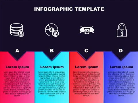 Set line Server security with lock, CD or DVD disk, Computer api interface and Illustrazione stock