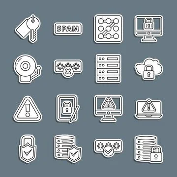 Set line Server security with lock, Laptop exclamation mark, Cloud computing Stock Illustration