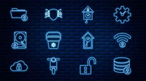 Set line Server security with lock, Wifi locked, Retro wall watch, Cooler bag 스톡 일러스트