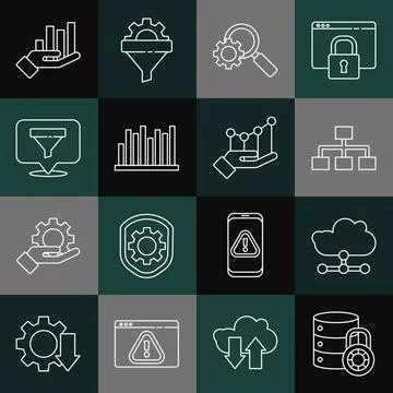 Set line Server security with lock, Network cloud connection, Hierarchy Stock Illustration