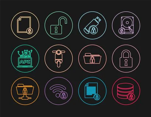 Set line Server security with lock, Lock, USB flash drive, Scooter, Computer api Stock Illustration