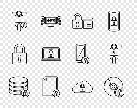 Set line Server security with lock, CD or DVD disk, Credit card, Document and Stock Illustration