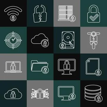 Set line Server security with lock, Document and, Electric scooter, Cloud Stock Illustration