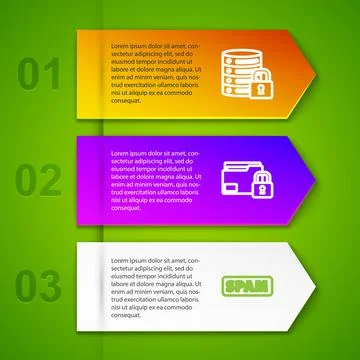 Set line Server security with lock, Folder and, Spam and Lock check mark 스톡 일러스트