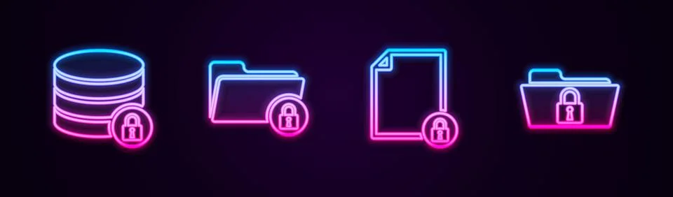 Set line Server security with lock, Folder and, Document and . Glowing neon icon Illustrazione stock
