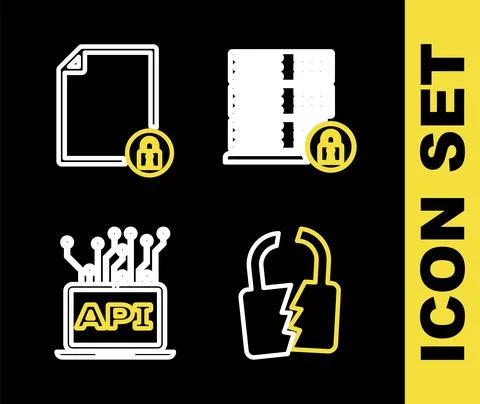 Set line Server security with lock, Broken or cracked, Computer api interface Stock Illustration