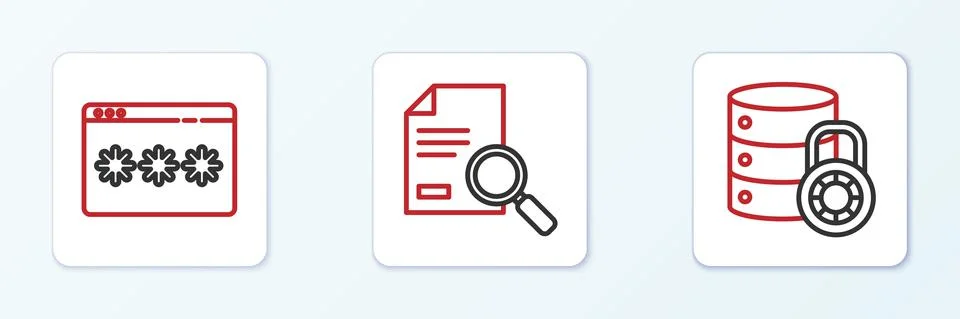 Set line Server security with lock, Password protection and Document search icon Illustrazione stock