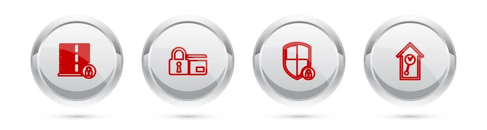 Set line Server security with lock, Credit card, Shield and Retro wall watch. Stock Illustration
