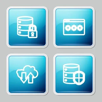 Set line Server security with lock, Password protection, Cloud download and u Illustrazione stock