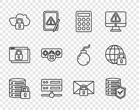 Set line Server security with lock, shield, Password protection, Server, Data Illustrazione stock