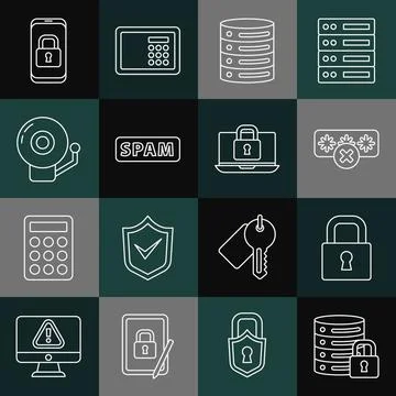 Set line Server security with lock, Lock, Password protection, Server, Data, Web Stock Illustration