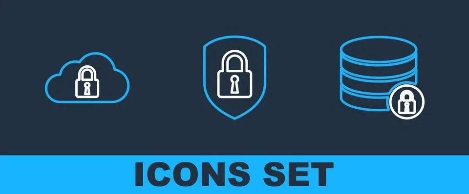 Set line Server security with lock, Cloud computing and Shield icon. Vector Stock Illustration