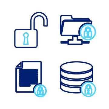 Set line Server security with lock, Document and, FTP folder and Open padlock Illustrazione stock