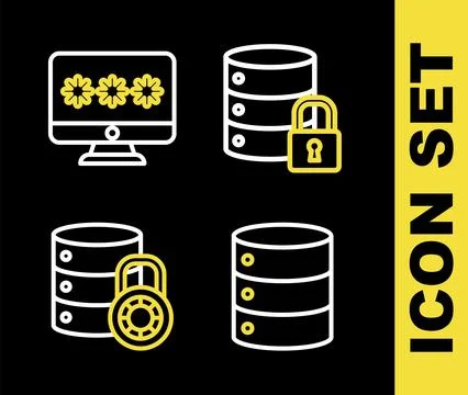Set line Server security with lock, Server, Data, Web Hosting, and Monitor Illustrazione stock
