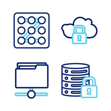 Set line Server security with lock, FTP folder, Cloud computing and Graphic Stock Illustration