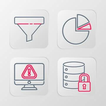 Set line Server security with lock, Monitor exclamation mark, Pie chart Stock Illustration