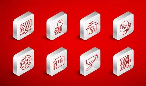 Set line Server security with lock, Cryptocurrency key, House under protection Stock Illustration