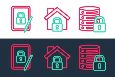 Set line Server security with lock, Tablet closed padlock and House under Stock Illustration