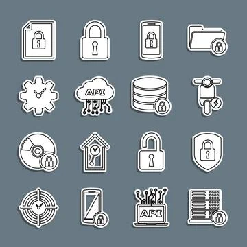 Set line Server security with lock, Shield, Electric scooter, Smartphone, Cloud Stock Illustration